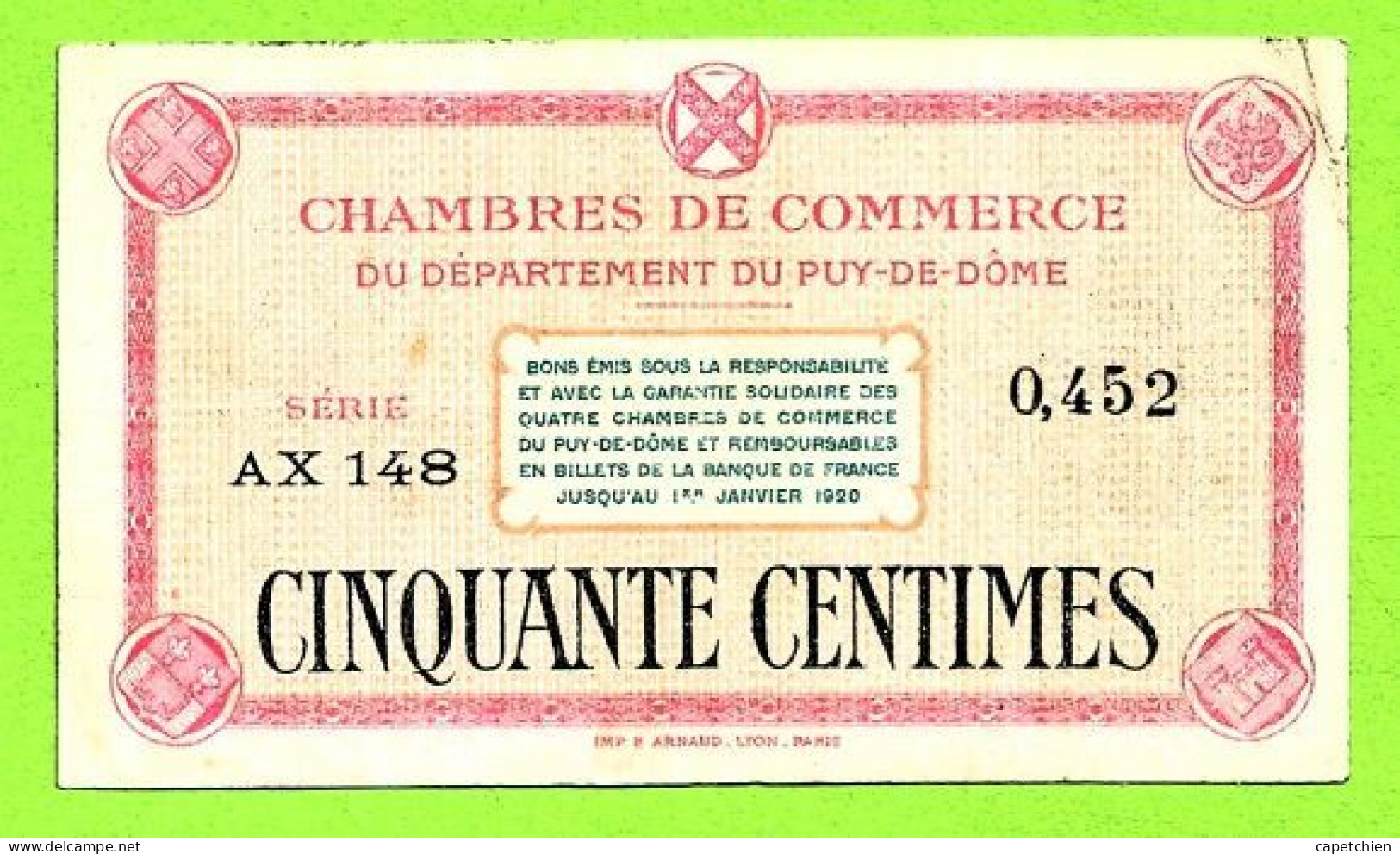 FRANCE / CHAMBRES De COMMERCE Du DEPARTEMENT Du PUY De DÔME / 50 CENT. / N° 0,452 / SERIE AX 148 - Chamber Of Commerce
