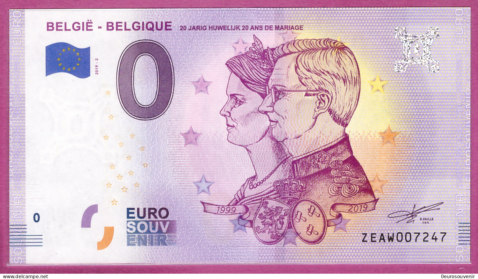 0-Euro ZEAW 2019-2  BELGIË - BELGIQUE - 20 JARIG HUWELIJK - 20 ANS DE MARIAGE - Pruebas Privadas