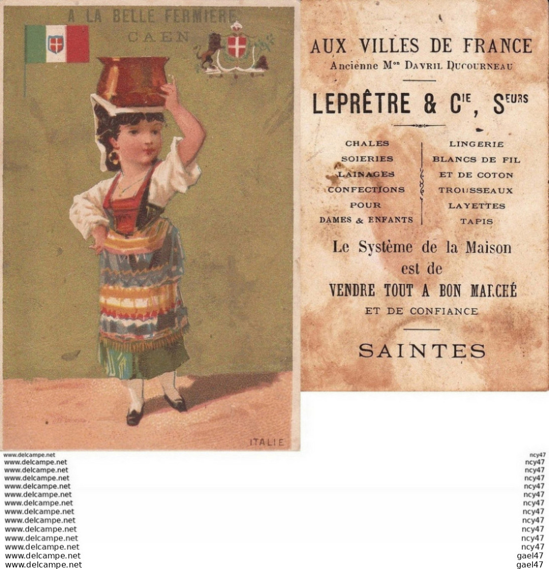 CHROMOS. A La BELLE FERMIERE, L DAVID Fils(Caen).  Costume D'Italie. ...Z842 - Andere & Zonder Classificatie