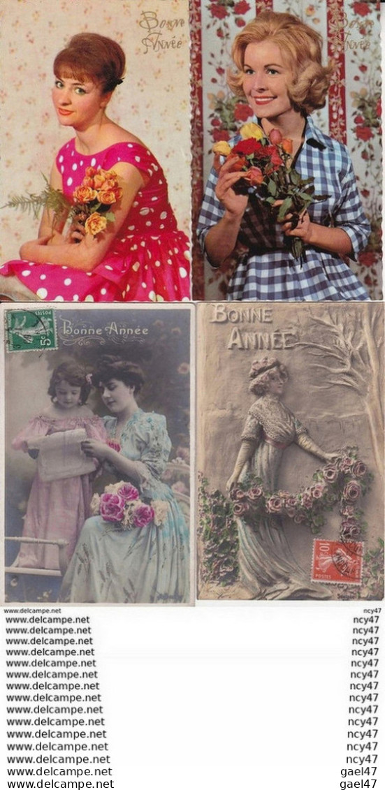 Lot 4 CPA. VOEUX. Belles Femmes, Bouquet De Roses, Fillette Lisant, Femme Sculptée...Z976 - New Year