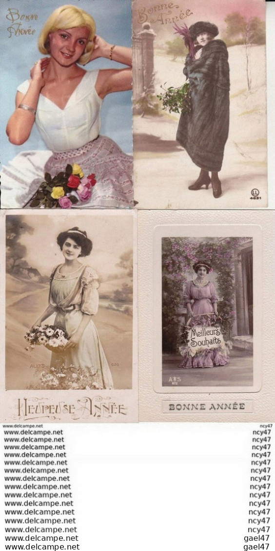 Lot 4 CPA.VOEUX. Jolie Femme En Manteau Et Chapeau Fourrure, Roses,...Z929 - Neujahr