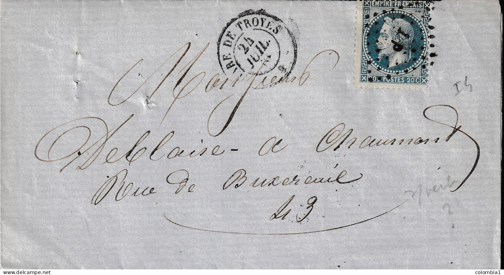 Lettre De TROYES 24 Juillet 1968 - 1863-1870 Napoléon III Lauré