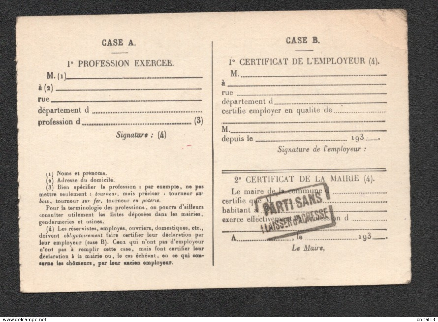 1938 CARTE SERVICE MILITAIRE BUREAU DE RECRUTEMENT DE MARSEILLE / PARTI SANS LAISSER ADRESSE / RETOUR ENVOYEUR   F130 - 1921-1960: Période Moderne