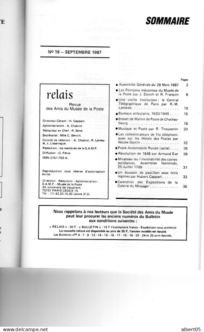 Relais - N° 19 -Septembre 1987 -   Revue Des Amis Du Musée De  La Poste - Avec Sommaire -Ambulants - Poste Automobile... - Philatelie Und Postgeschichte