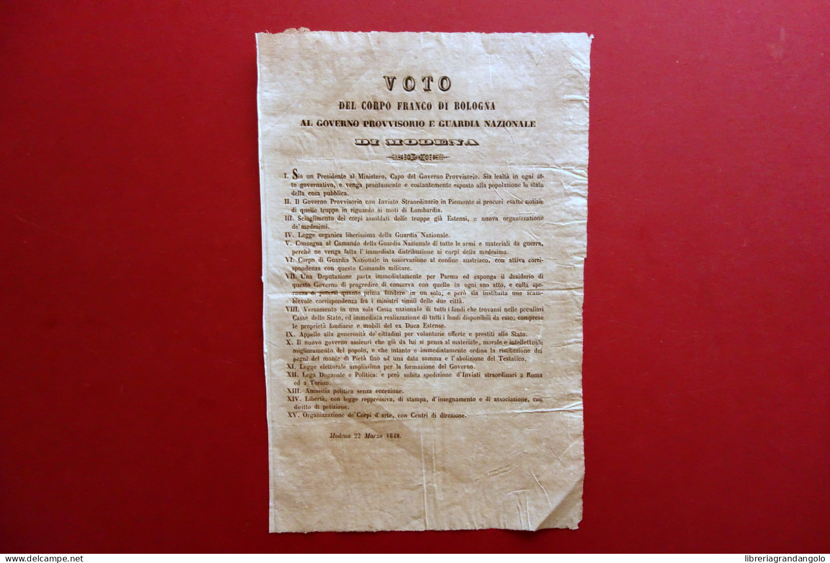 Voto Del Corpo Franco Di Bologna Al Governo Provvisorio Di Modena 22/3/1848 Raro - Non Classés