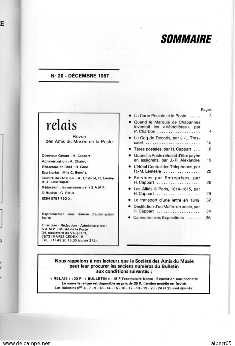 Relais - N° 20 -Décembre 1987 -   Revue Des Amis Du Musée De  La Poste - Avec Sommaire -Decaris - Facteurs - Filatelia E Storia Postale