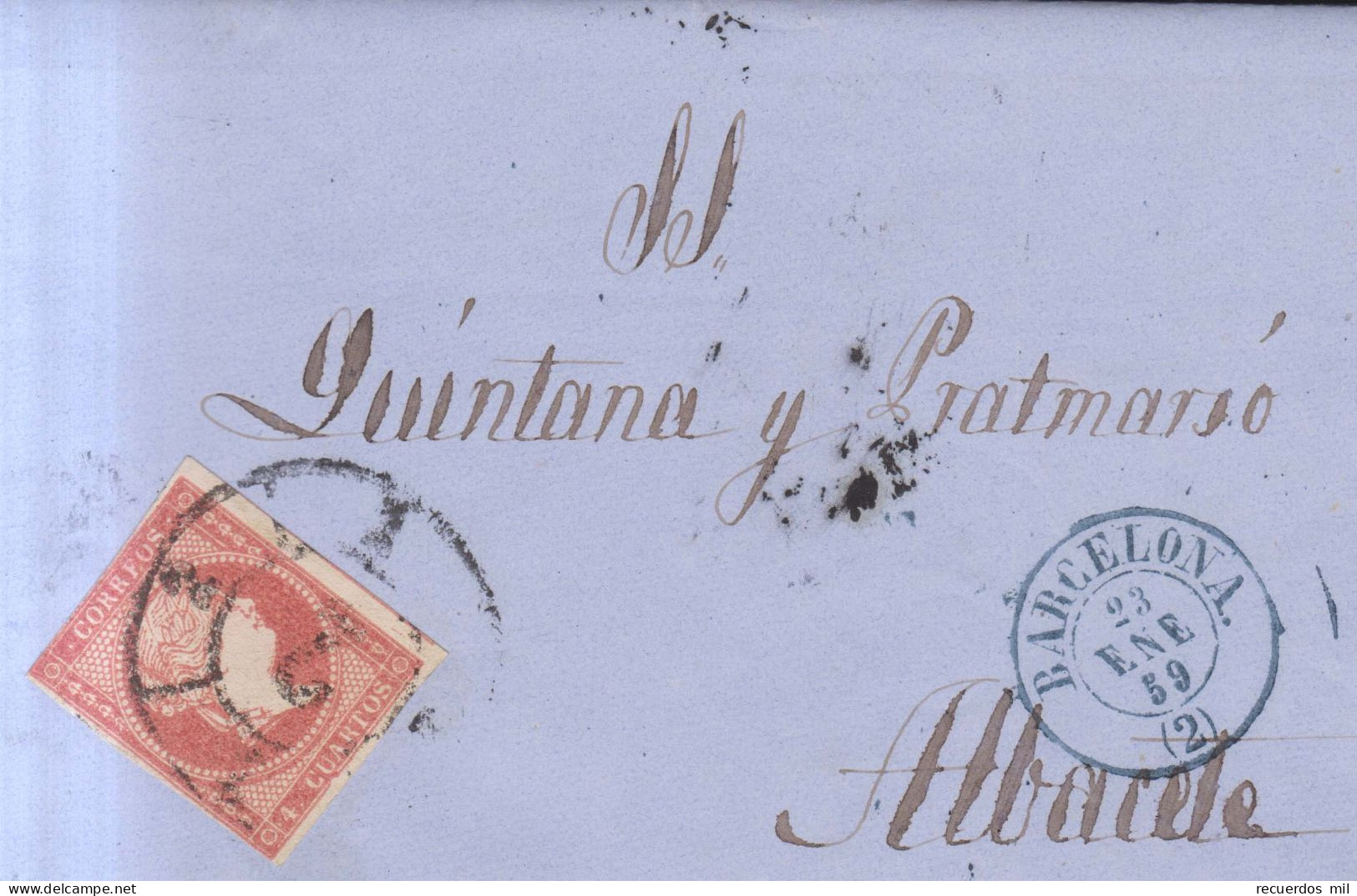 1856 Edifil 48 4c. Isabel II Carta A Albacete Matasellos Rueda De Carreta 2 Barcelona Juan Quintana Vilajuana - Lettres & Documents