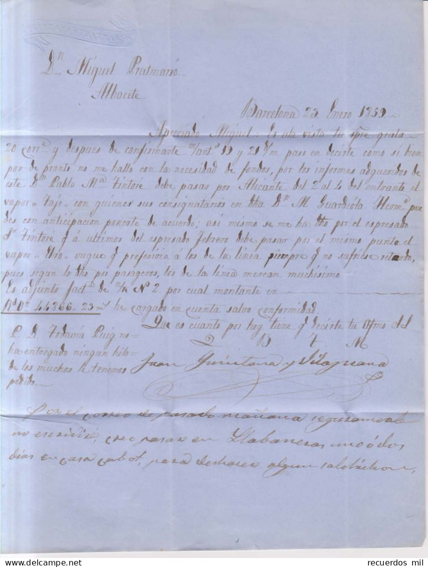 1856 Edifil 48 4c. Isabel II Carta A Albacete Matasellos Rueda De Carreta 2 Barcelona Juan Quintana Vilajuana - Lettres & Documents