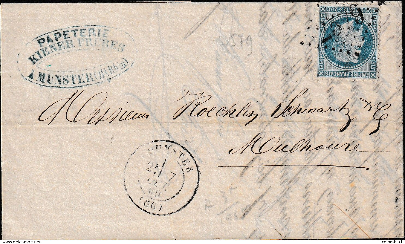 Lettre De MUNSTER Du 7 Octobre 1869 Via Mulhouse - 1863-1870 Napoleon III With Laurels