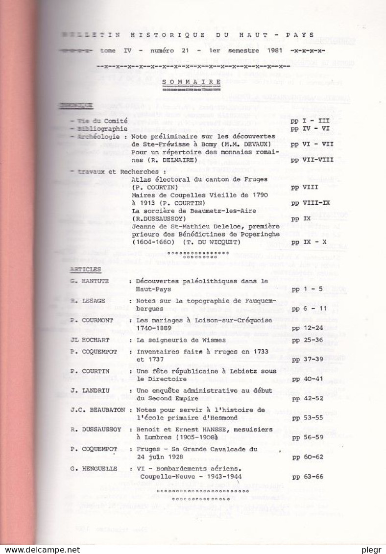 BULLETIN HISTORIQUE DU HAUT-PAYS - Tome IV - N°21 - 01/1981 (FAUQUEMBERGUES, LOISON SUR CREQUOISE, WISMES, FRUGES, ...) - Historia