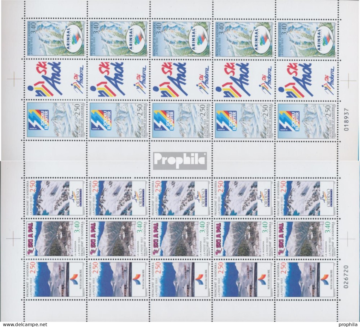 Andorra - Französische Post 446+449,447-448+450 Kleinbogen (kompl.Ausg.) Postfrisch 1993 Skigebiete - Neufs