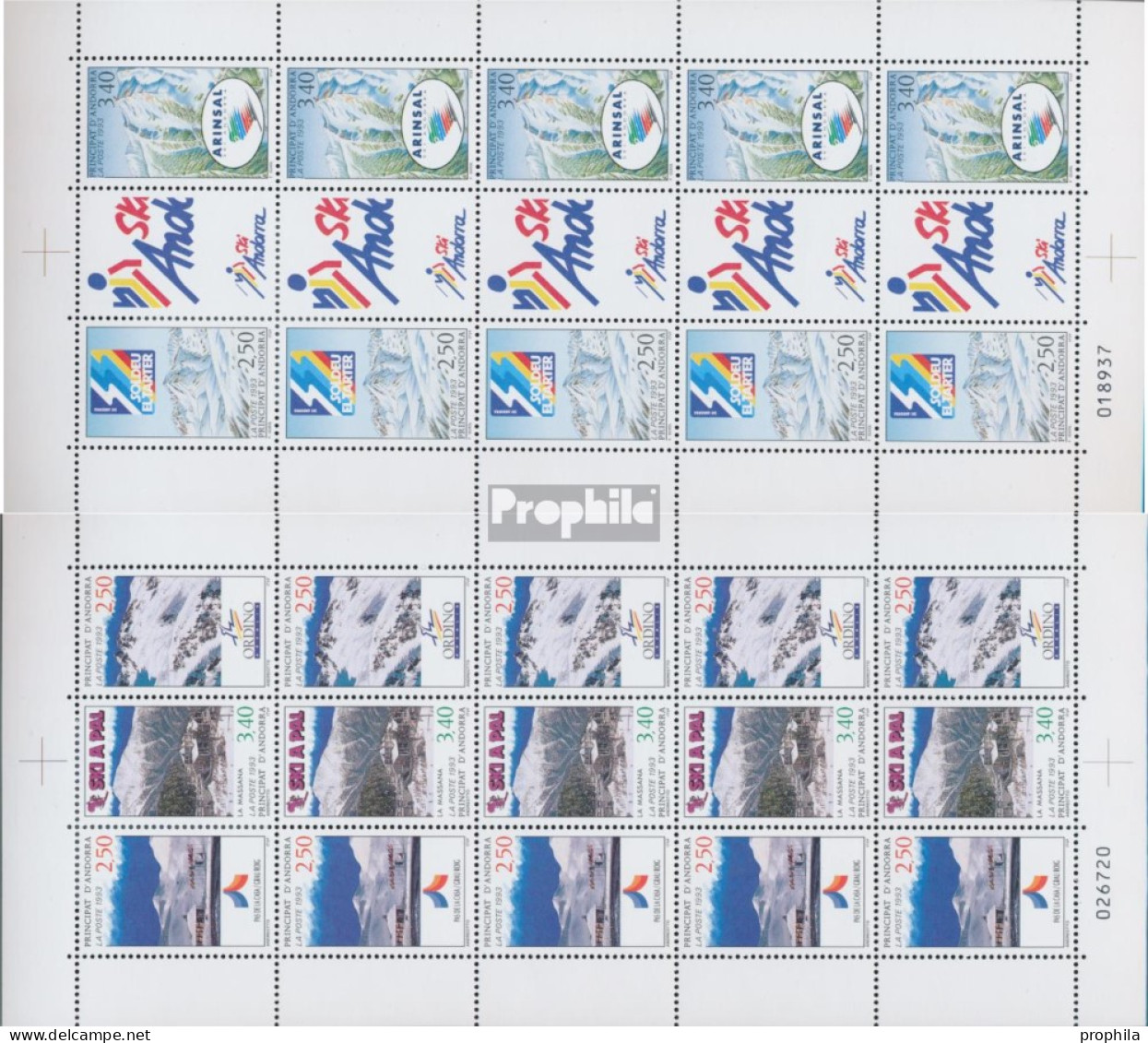 Andorra - Französische Post 446+449,447-448+450 Kleinbogen (kompl.Ausg.) Postfrisch 1993 Skigebiete - Ungebraucht