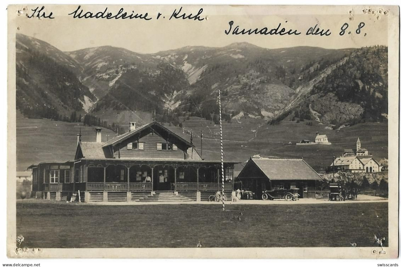 SAMADEN Switzerland: Engadine Golf Club House & Oldtimer, Real Picture Postcard 1928 - Golf