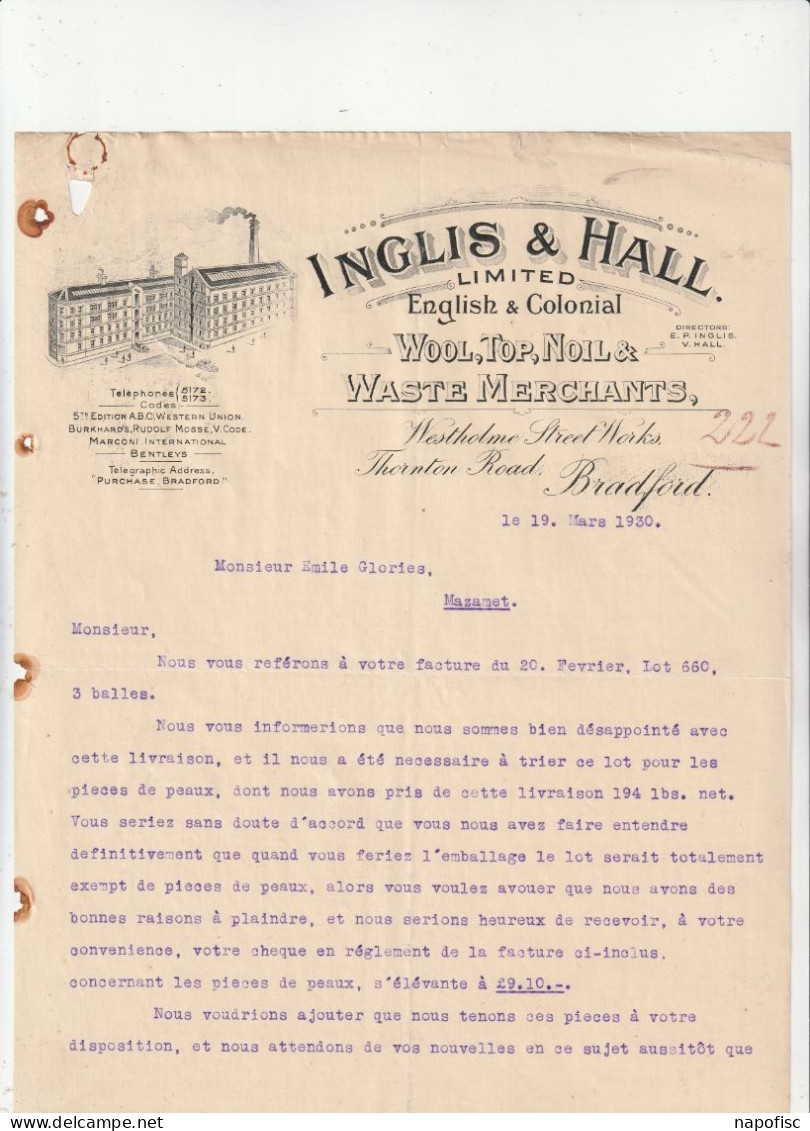 98-Inglis & Hall Ltd..English & Colonial...Wool, Top, Noil & Waste Merchants...Bradford.. (U.K)..1930 - Verenigd-Koninkrijk