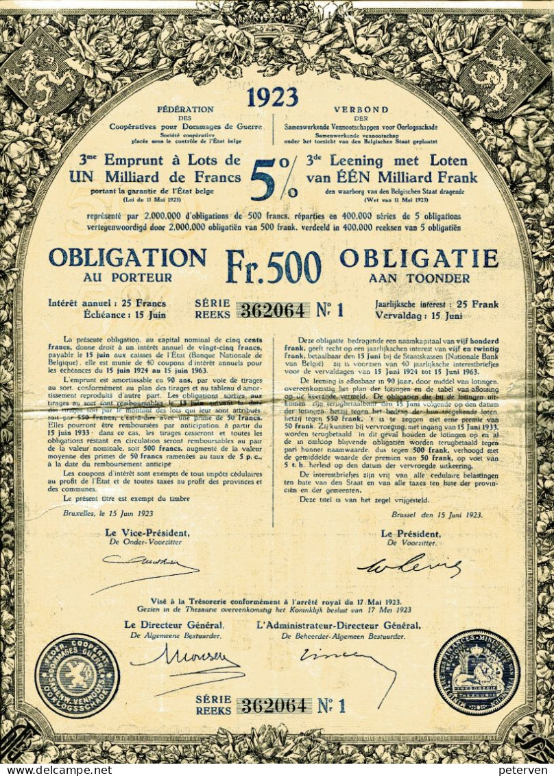 Dommages De Guerre/Oorlogsschade: 5% Obligation De/van 1923 - Bank & Versicherung