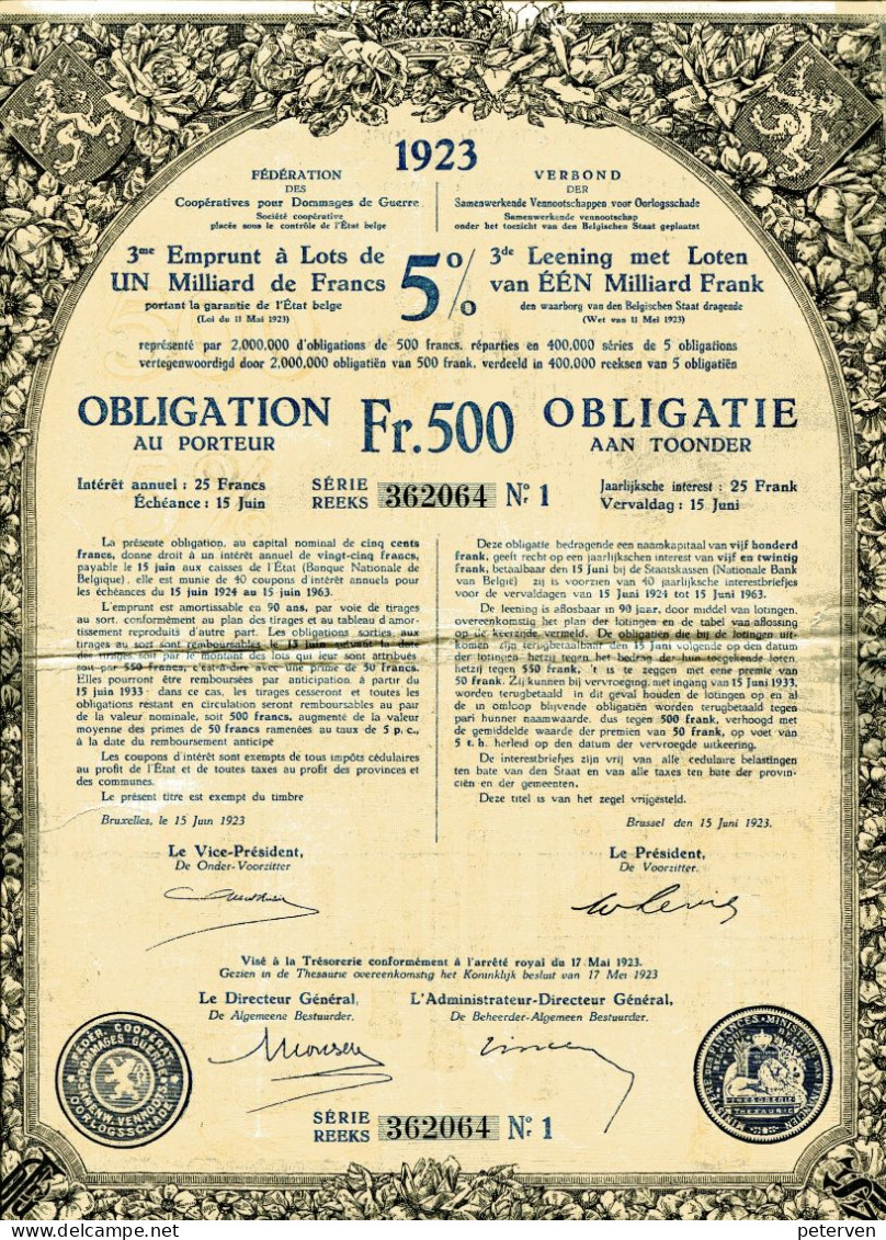 Dommages De Guerre/Oorlogsschade: 5% Obligation De/van 1923 - Banca & Assicurazione