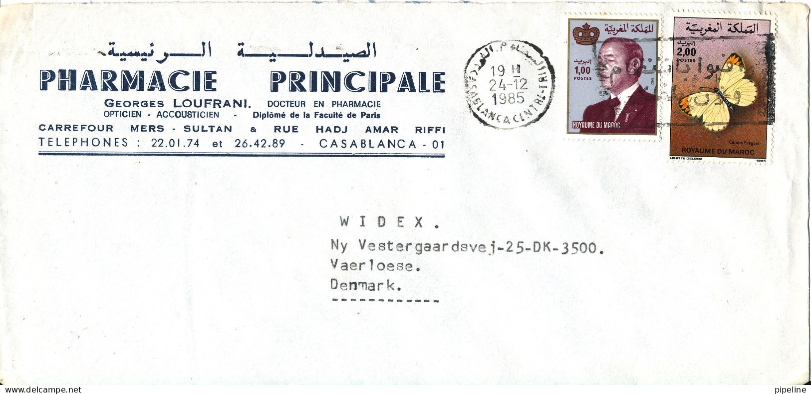 Morocco Cover Sent To Denmark 24-5-1985 BUTTERFLY - Marruecos (1956-...)