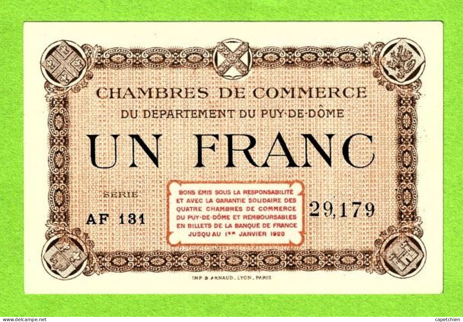 FRANCE / CHAMBRES De COMMERCE Du DEPARTEMENT Du PUY De DÔME / 1 FRANC / N° 29,179 / SERIE AD 131  NEUF - Chambre De Commerce