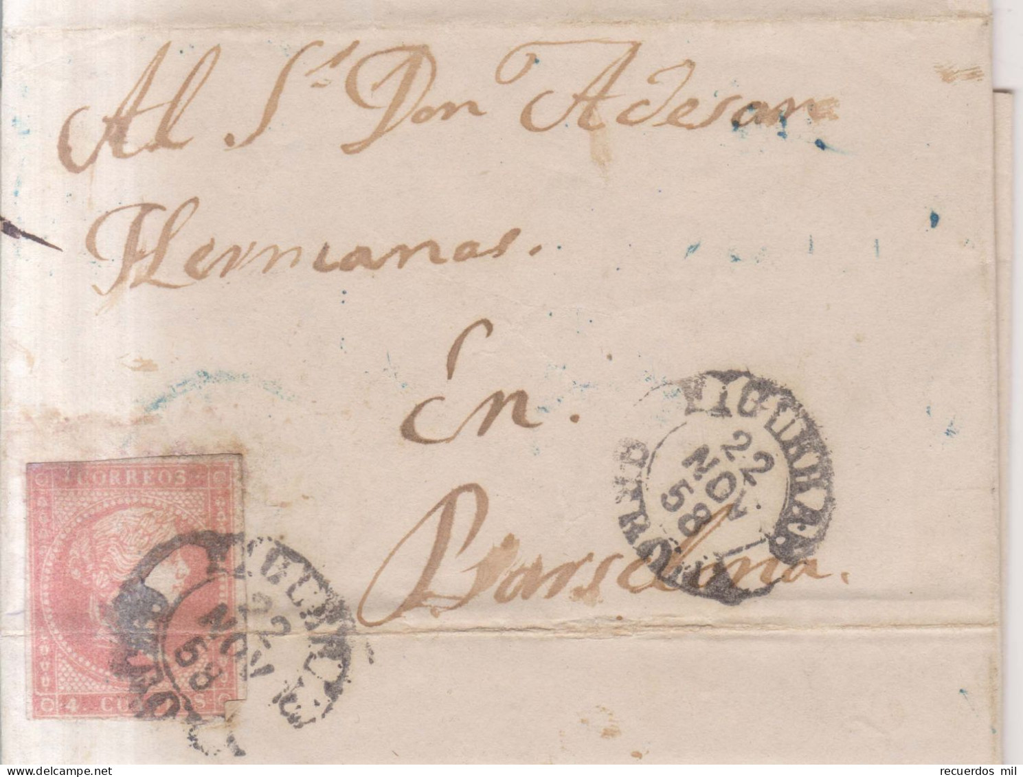 Año 1856 Edifil 48 Isabel II Carta Matasellos Rejilla Y   Figueras  Gerona Tipo I   Sebastian Ferran - Cartas & Documentos