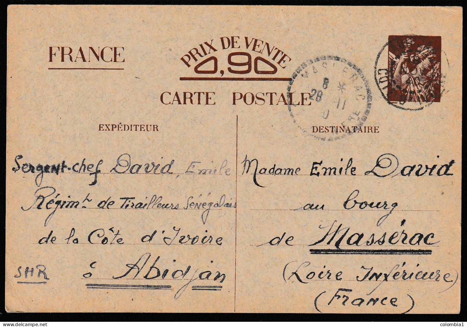 Cote D'Ivoire INTERZONE ENTIER IRIS ABIDJAN 18 Novembre 1940 Via Masserac (44) - Storia Postale