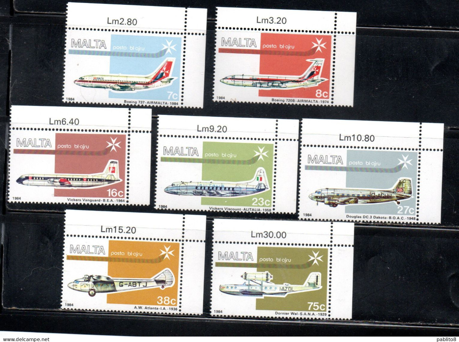 MALTA 1984 AIR MAIL POSTA AEREA AIRMALTA LINES BOEING 737 COMPAGNIA AEREA COMPLETE SET SERIE COMPLETA MNH - Malte