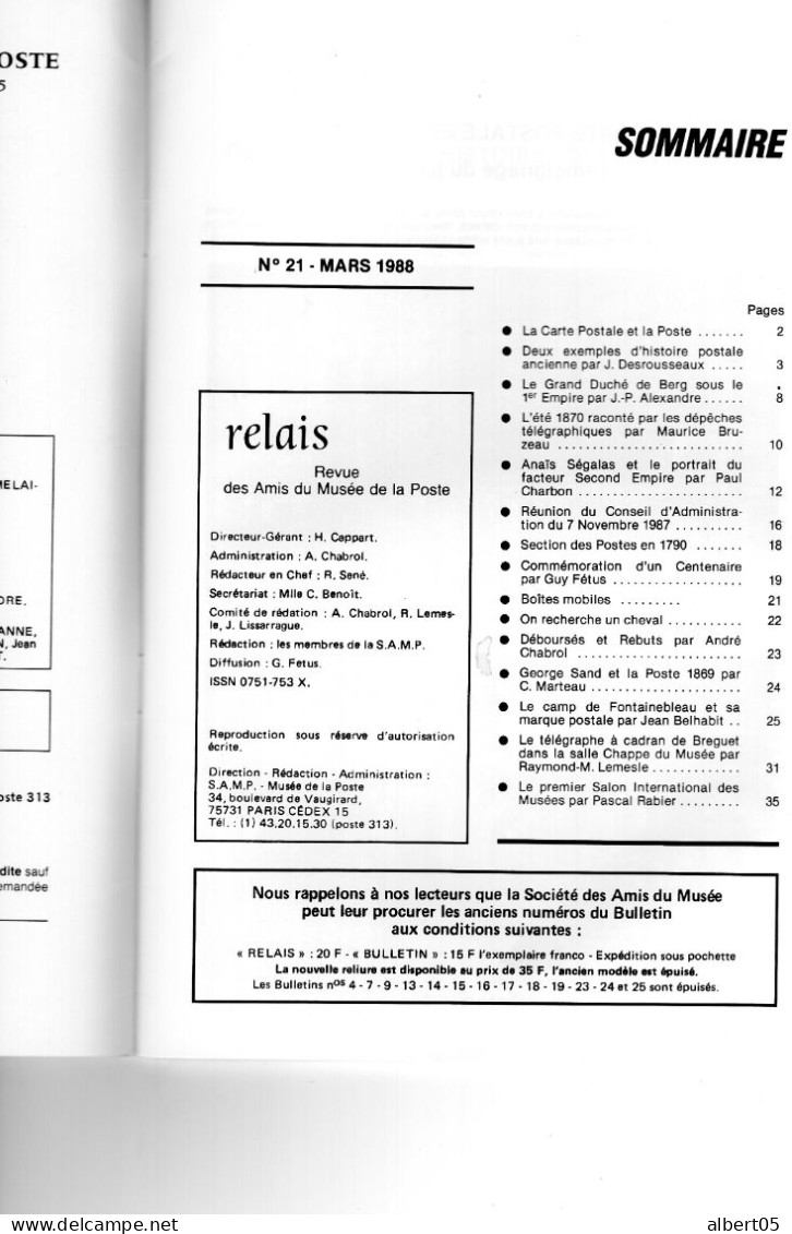 Relais - N° 21 -Mars 1988 -   Revue Des Amis Du Musée De  La Poste - Avec Sommaire -Boites Mobiles - Georges Sand....... - Philatélie Et Histoire Postale