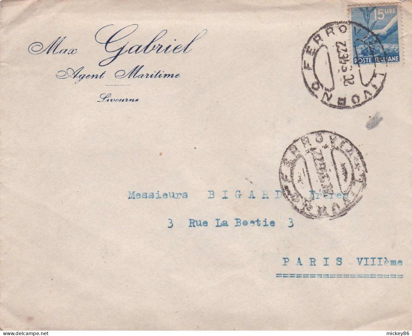 Italie-1946--lettre De LIVORNO FERROVIA  Pour PARIS 8°-75 (France)..timbre- Cachet Date  20-9-1946--M.Gabriel-agent M... - 1946-60: Marcofilia