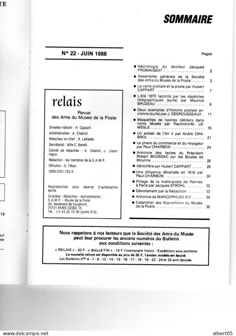 Relais - N° 22 -Juin 1988 -   Revue Des Amis Du Musée De  La Poste - Avec Sommaire -Vélocifere Malle Poste....... - Philatelie Und Postgeschichte