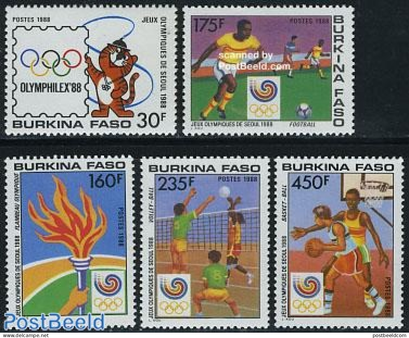 Burkina Faso 1988 Olympic Games Seoul 5v, Mint NH, Sport - Basketball - Football - Olympic Games - Volleyball - Basketbal