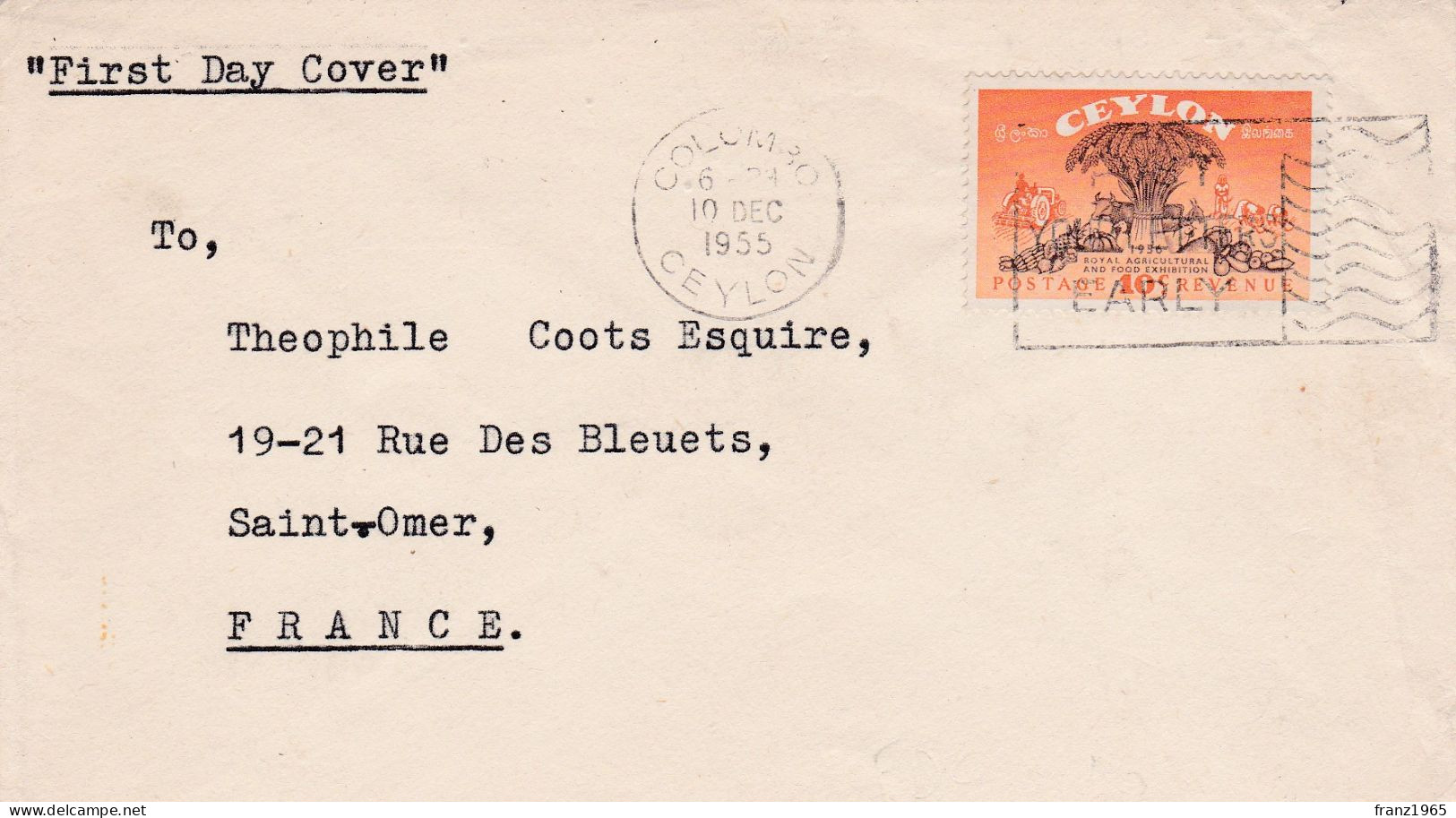 From Ceylon To France - 1955 - Sri Lanka (Ceylan) (1948-...)