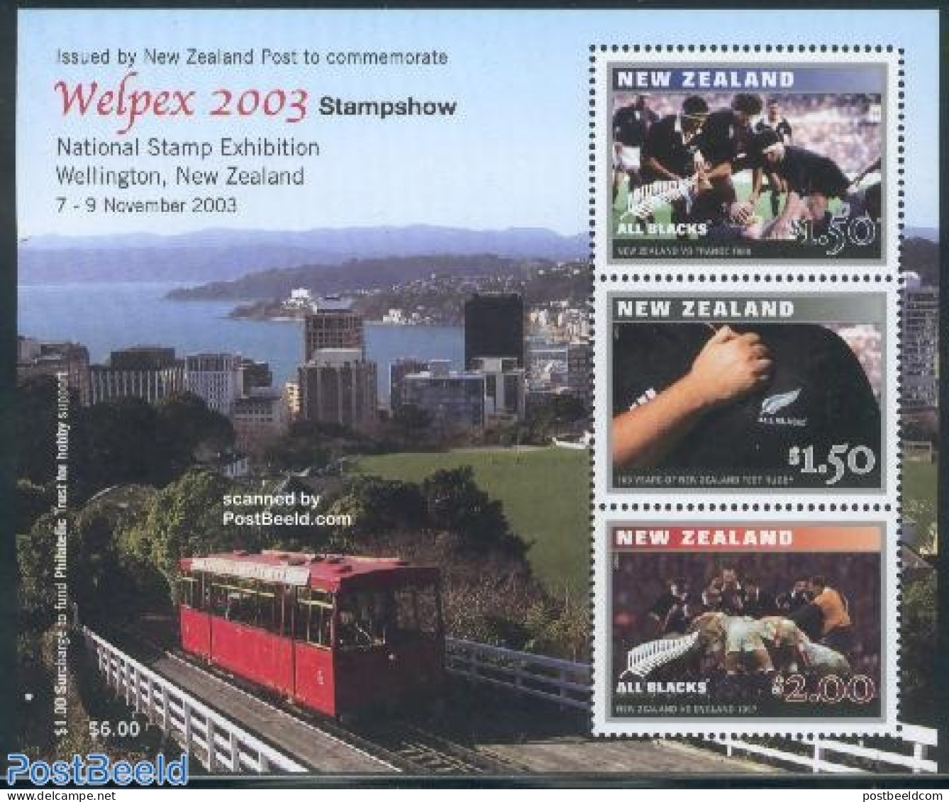 New Zealand 2003 Welpex, Rugby S/s, Mint NH, Sport - Transport - Rugby - Sport (other And Mixed) - Philately - Railways - Ongebruikt