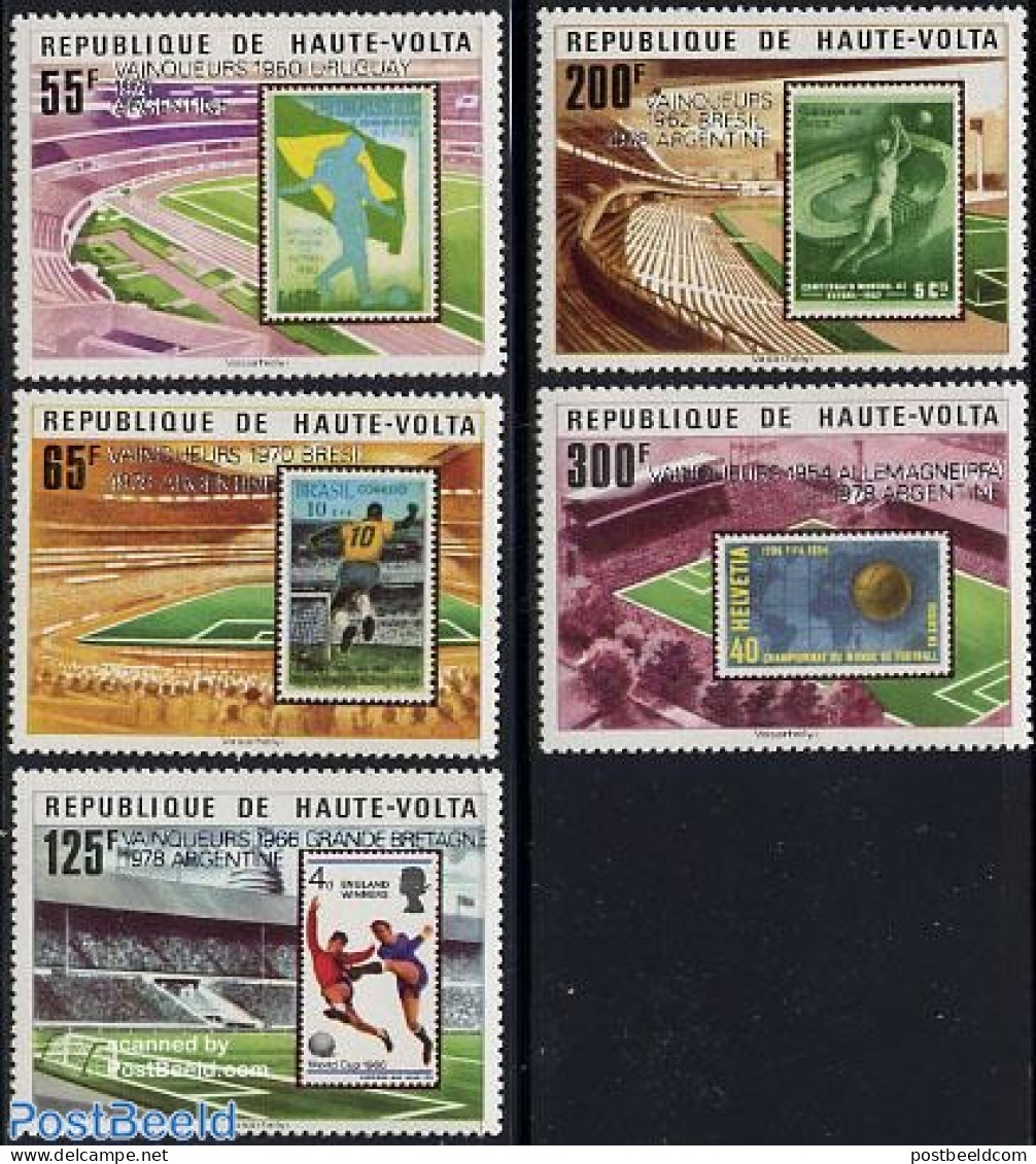 Upper Volta 1979 Football Winners 5v, Mint NH, Sport - Football - Stamps On Stamps - Briefmarken Auf Briefmarken