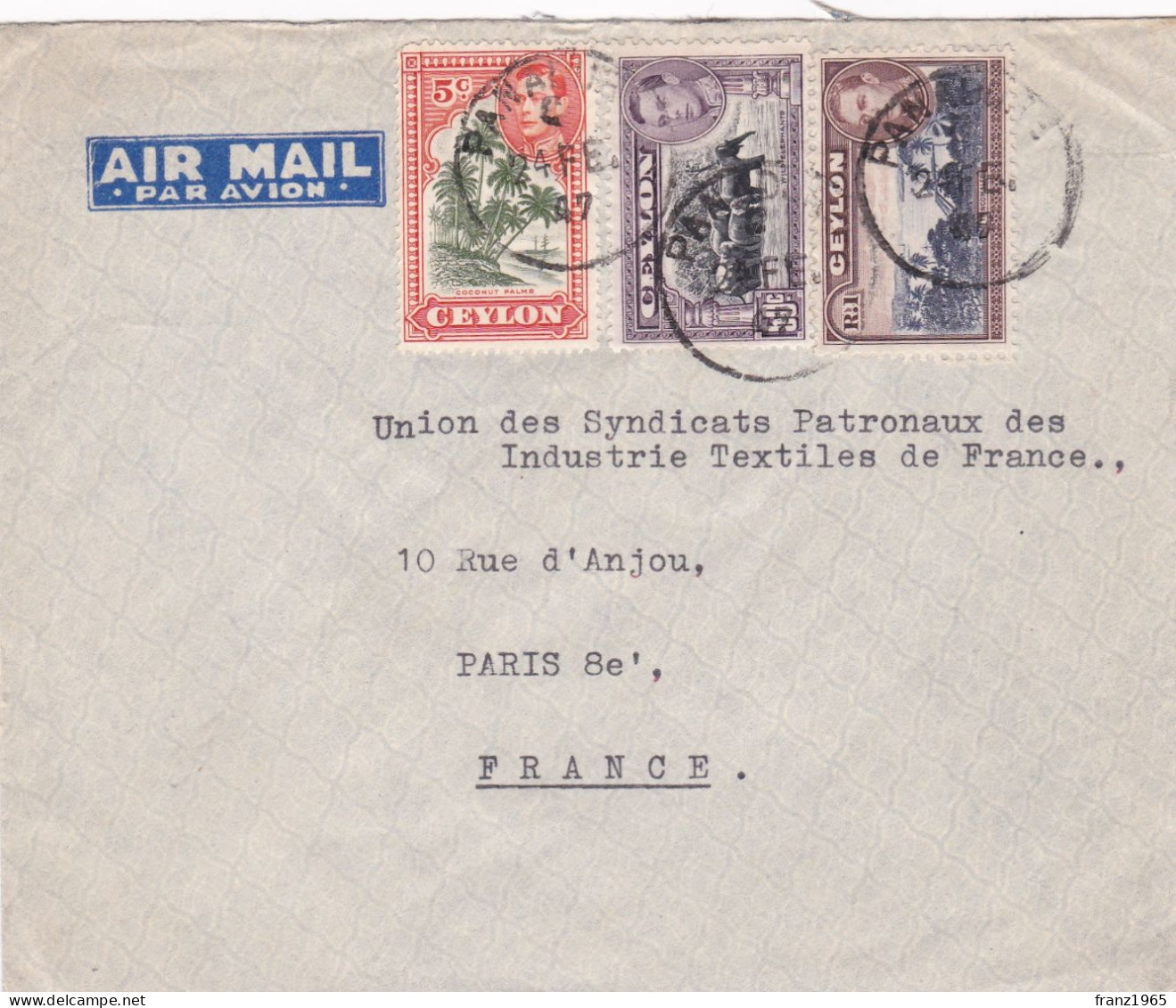 From Ceylon To France - 1947 - Sri Lanka (Ceylan) (1948-...)