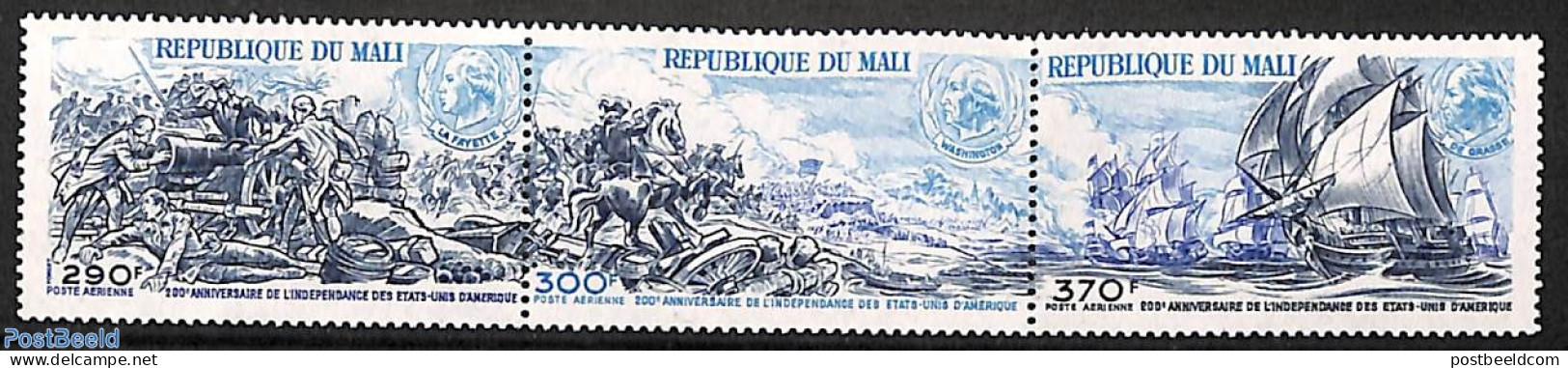 Mali 1975 American Bi-centenary 3v [::], Mint NH, History - Nature - Transport - US Bicentenary - Horses - Ships And B.. - Ships
