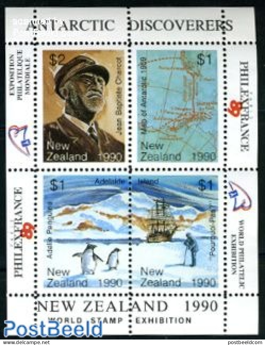 New Zealand 1990 Antarctic Discoveries 4v M/s (no Postal Value), Mint NH, Nature - Science - Transport - Various - Pen.. - Neufs