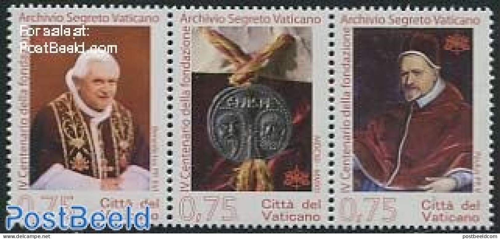 Vatican 2012 Secret Archives 3v [::], Mint NH, Religion - Pope - Religion - Art - Libraries - Unused Stamps