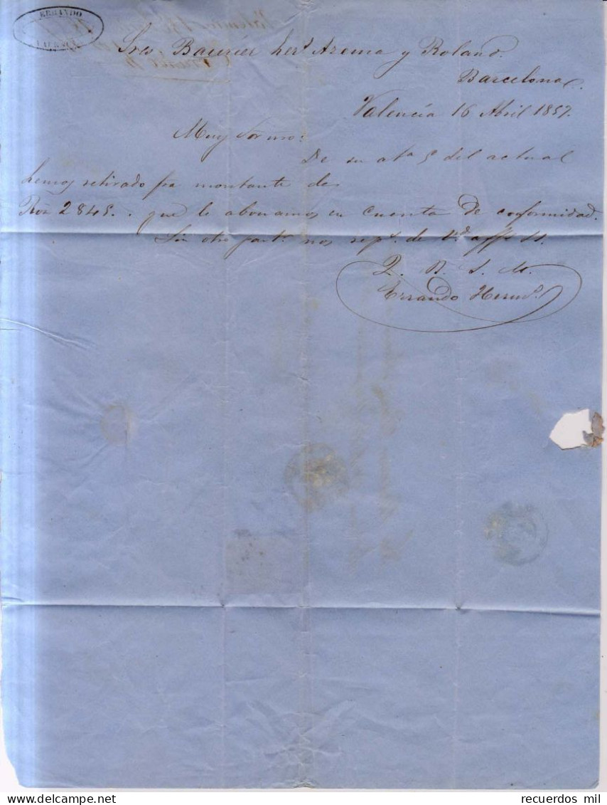 Año 1856 Edifil 48 Isabel II Carta Matasellos Rejilla Y Rojo Valencia  Membrete  Errando - Covers & Documents