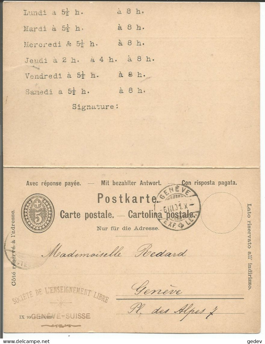 Entier Postal 5ct Avec Réponse Payée, Mit Bezahlter Antwort, Genève - Genève (6.3.1901) - Postwaardestukken