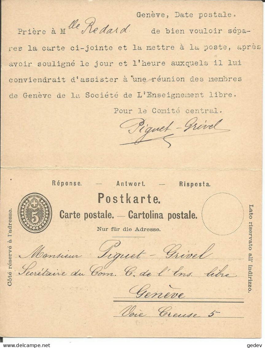 Entier Postal 5ct Avec Réponse Payée, Mit Bezahlter Antwort, Genève - Genève (6.3.1901) - Enteros Postales