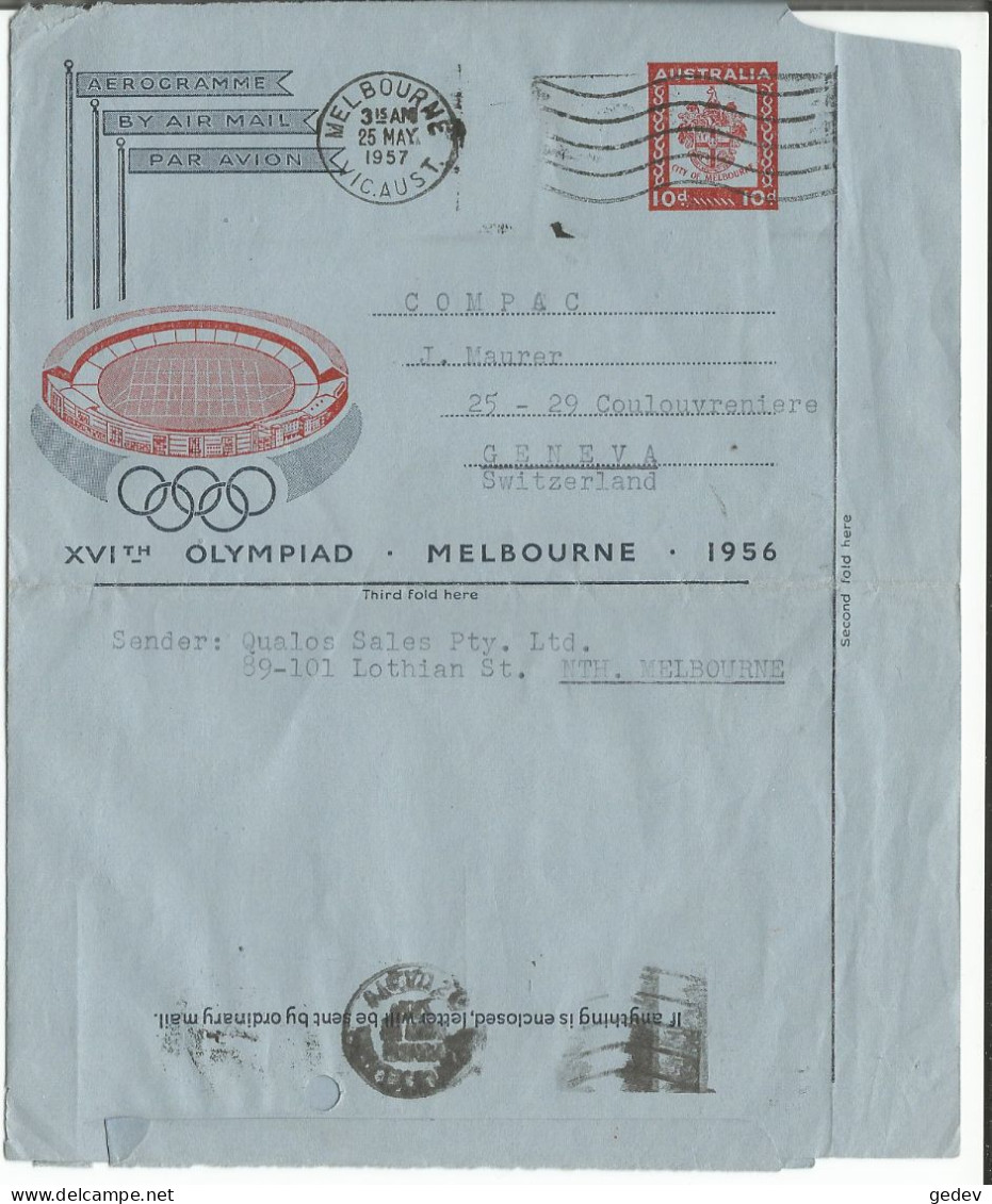 Australie Entier Postal, Aerogramme, XVI Olympiad, Melbourne 1956 - Geneve Suisse (25.5.57) - Entiers Postaux