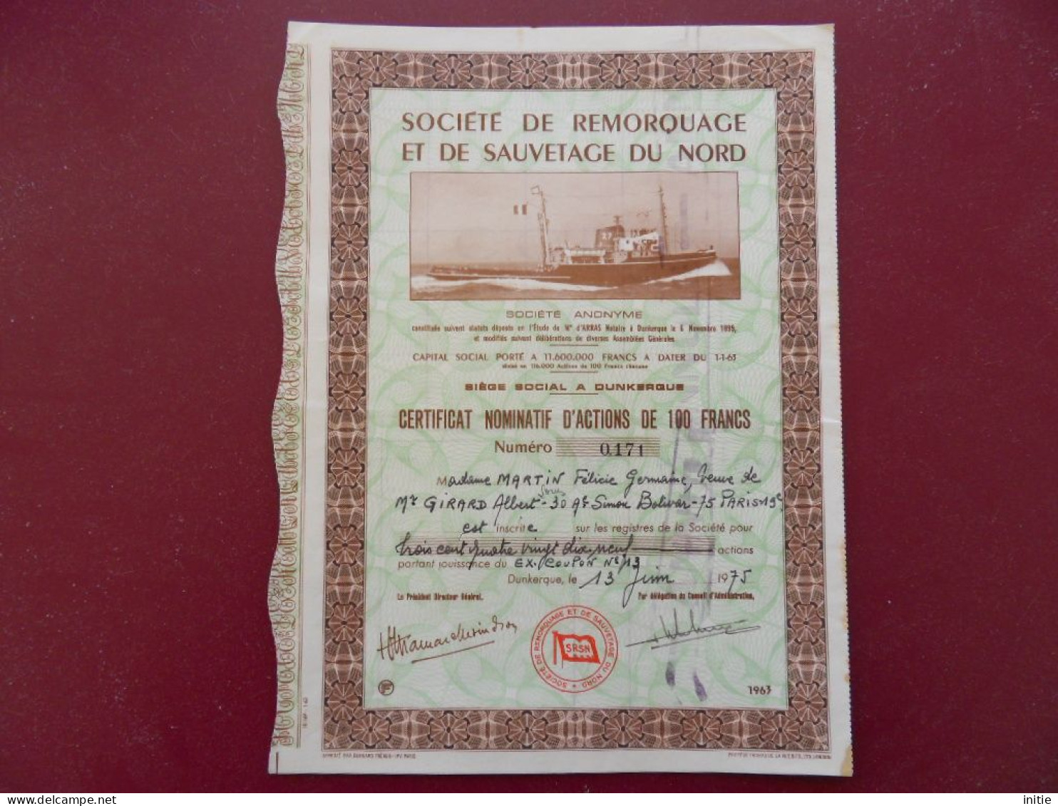 CERTIFICAT NOM D'ACTIONS SOCIETE DE REMORQUAGE ET DE SAUVETAGE DU NORD / DECO REMORQUEUR / - Navy