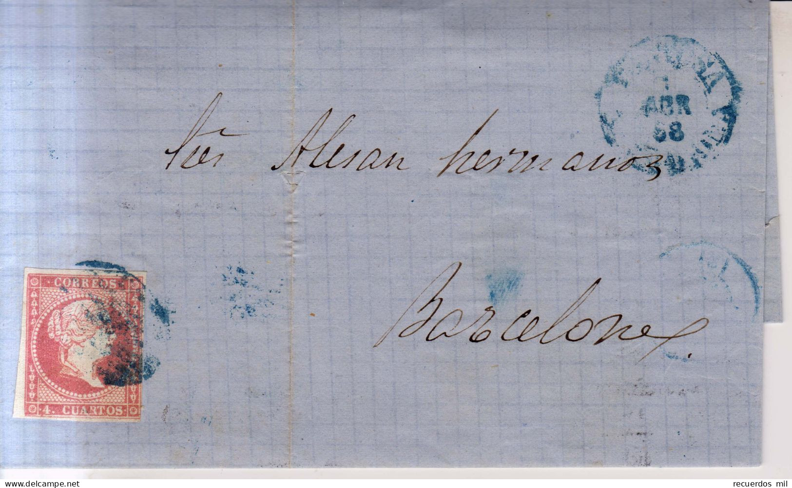 Año 1856 Edifil 48 Isabel II Carta Matasellos Rejilla Azul T Azul Tortosa Tarragona Membrete B.Estrany E Hijo - Cartas & Documentos