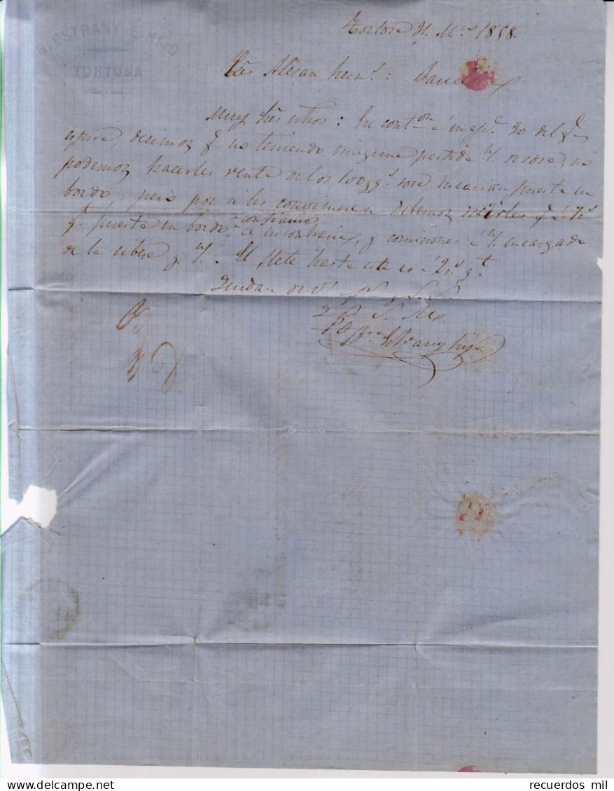 Año 1856 Edifil 48 Isabel II Carta Matasellos Rejilla Azul T Azul Tortosa Tarragona Membrete B.Estrany E Hijo - Briefe U. Dokumente