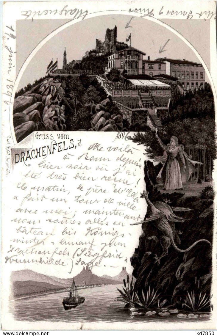 Gruss Vom Drachenfels - Litho 1896 - Königswinter