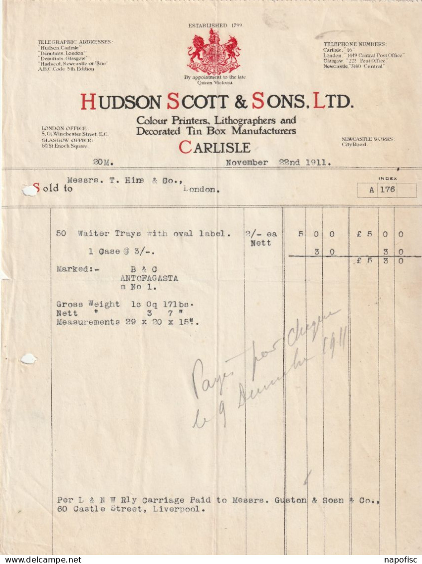 98-Hudson Scott & Sons...Colour Prints, Lithographers & Decorated Tin Box Manufacturers...Carlisle...(U.K)..1911 - Regno Unito
