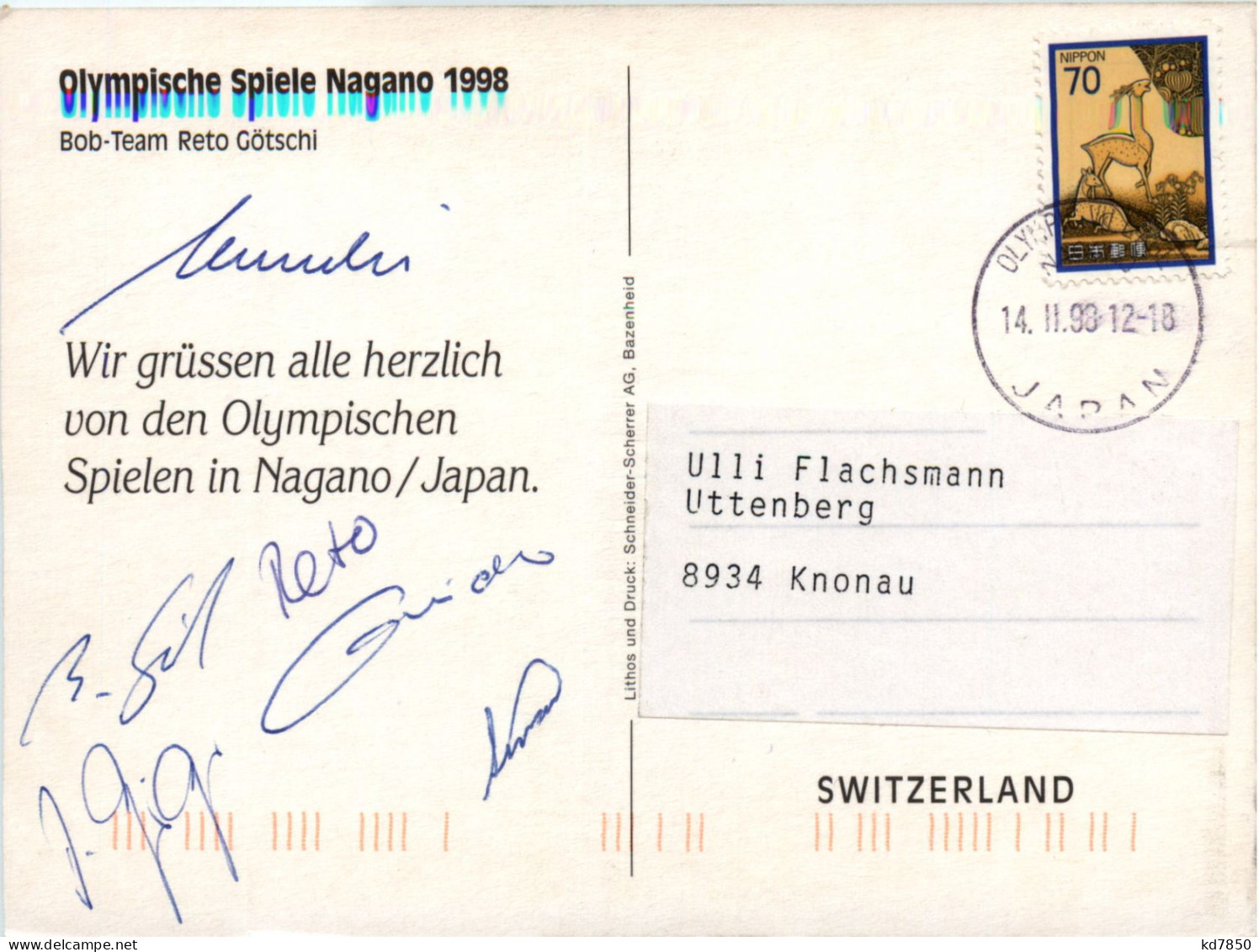 Bob Tea Reto Götschi Olympische Spiele Nagano 1988 Mit Unterschriften - Sports D'hiver