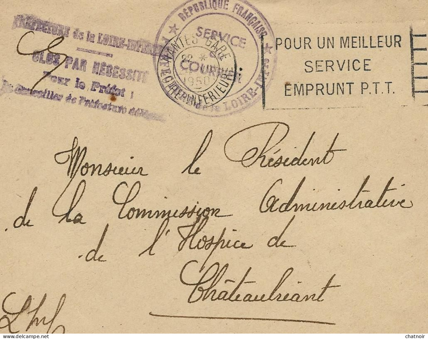 Envel  Prefecture  "service Du Courrier"  NANTES GARE  1950 " Pour Un Meilleur Service   Emprunt PTT " - Non Classés