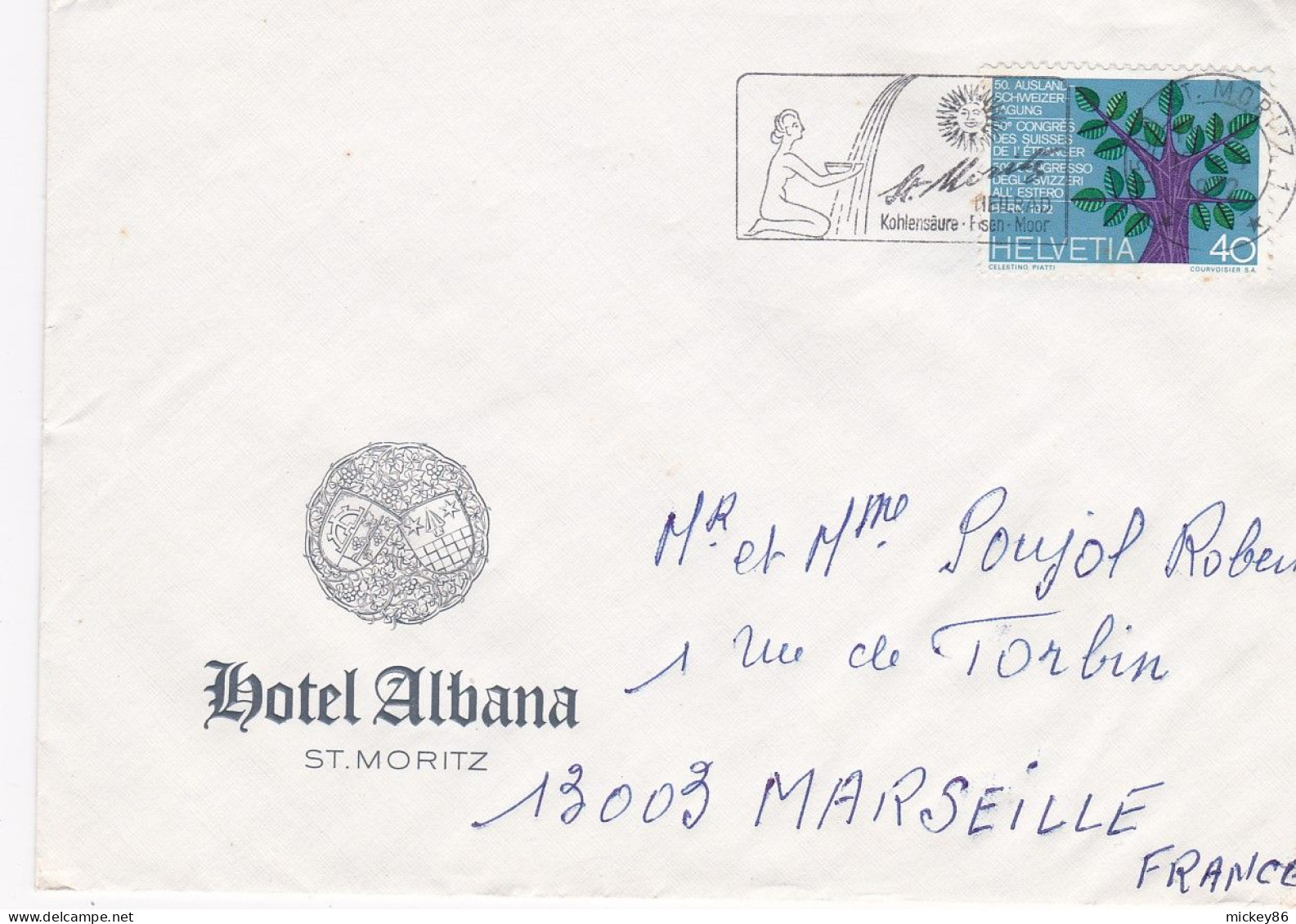 Suisse-1972--lettre De SAINT MORITZ  Pour MARSEILLE-13 (France)..timbre Seul Sur Lette- Cachet ..pub Hotel ALBANA - Cartas & Documentos