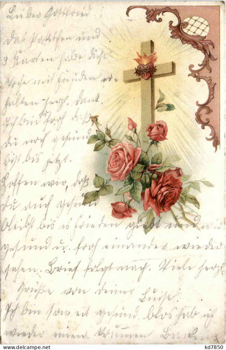 Kreuz Mit Brennendes Herz - Litho - Sonstige & Ohne Zuordnung