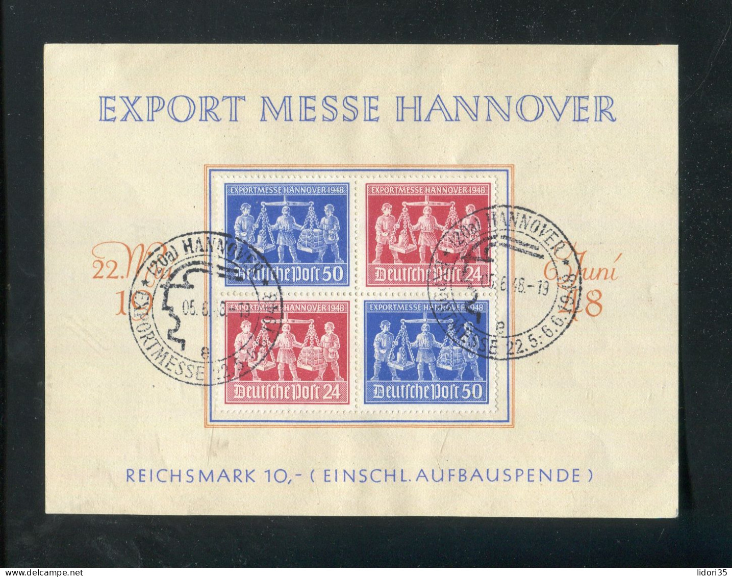 "ALL. BESETZUNG" 1948, Zusammendruck-4er-Block Mi. V Zd 1 "Exportmesse Hannover" Auf Sonderblatt, SSt. (L1150) - Briefe U. Dokumente